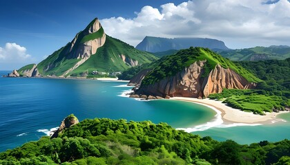 The tranquil island is set off against the verdant mountains, and the natural scenery under the blue sky and white clouds.