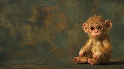 Wall Mural - Cute baby monkey sitting on a textured green surface.