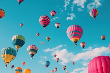 Multiple hot air balloons float gracefully in a clear blue sky, creating a stunning and colorful spectacle against a backdrop of clouds, capturing the joy of flight and adventure.