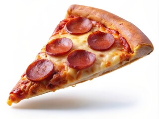 Template with delicious tasty slice of pepperoni pizza flying on white background. Generative AI