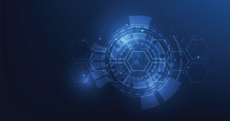 Aufkleber - Background of hexagon geometric on circle dark blue pattern bright. healthcare medical and technology background.Graphic digital science concept design.	
