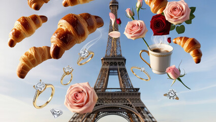 Travel destination Paris. Croissants cup of coffee and diamond jewelry with pink and red roses fly in blue sky on the background of Eiffel Tower. Travel glamorous lifestyle picture in collage style