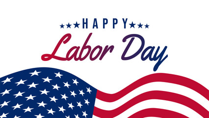 Happy Labor Day Banner.  A patriotic celebration with a waving American flag and the Happy Labor Day text in elegant script. Perfect for social media, website banners, and print media.  