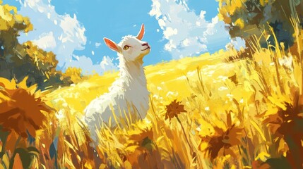 Poster - A white goat stands in a field of sunflowers on a sunny day, looking up at the bright blue sky.