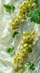 Canvas Print - Fresh green gooseberries with leaves splashing into a white creamy liquid.