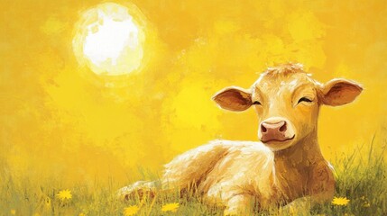 Wall Mural - A painting of a brown cow lying in a field of yellow flowers, with a bright yellow sun shining in the sky.