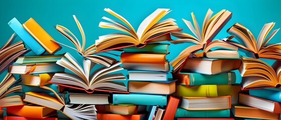 Wall Mural - Stack of colorful books on a blue background.