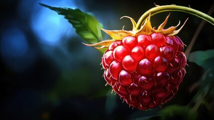 Close-up of a red raspberry on a vine with a green leaf.