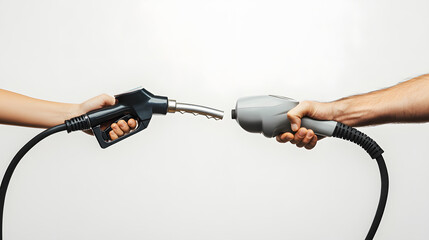 Poster - A hand holds fuel pump nozzle and ev charger reach towards each other on white background