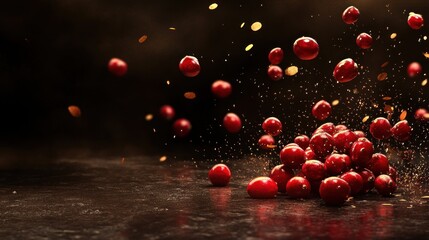 Wall Mural - Red berries falling on a dark surface with gold glitter.