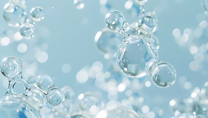 Wall Mural - A close-up of water molecules in an abstract representation, with each one surrounded by clear glass spheres that form a pattern resembling carbon particles and structures on a light blue background