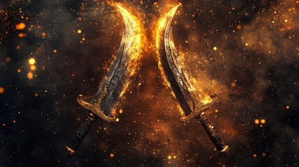 Sticker - Two ornate swords engulfed in fire and sparks on a black background.