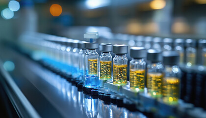 Vaccine production line conveyor in pharmaceutical factory moving vials with yellow liquid