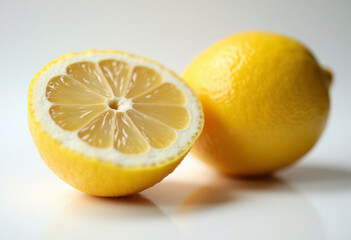 Two lemons on a white surface, one cut in half.