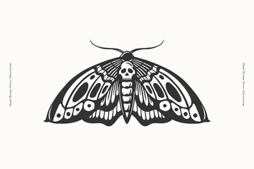 Black and white illustration of a moth with a skull motif on its body, embodying a gothic and eerie aesthetic. Ideal for tattoos, logos, or dark-themed art.