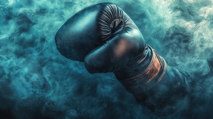 Canvas Print - Close-up of a black boxing glove against a blue smoke background.