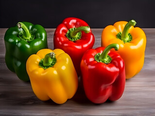 Wall Mural - Fresh colorful ripe bell peppers on table background 