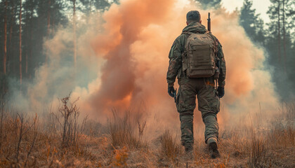 Soldier walking away from smoke screen in a forest during military operation