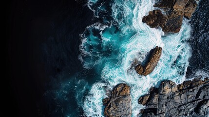 Poster - An aerial view of a rocky coastline, with waves crashing against the stones. 