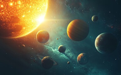 Wall Mural - a virtual representation of the solar system in 3d. high quality digital art in 5k with realistic ef