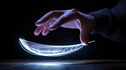 Poster - Hand levitating a glowing, abstract shape above a dark surface.