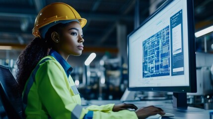 Black female engineer wearing a hardhat and uniforms, Working on a computer in construction factory