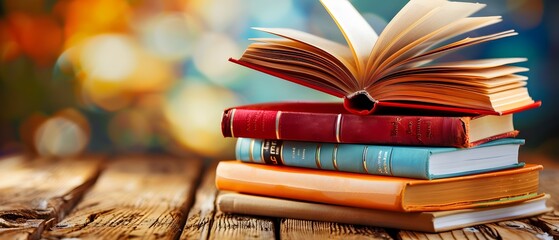 Wall Mural - Open Book on Stack of Books.