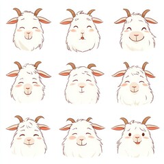 Wall Mural - Cute cartoon goat faces with different expressions isolated on a white background.