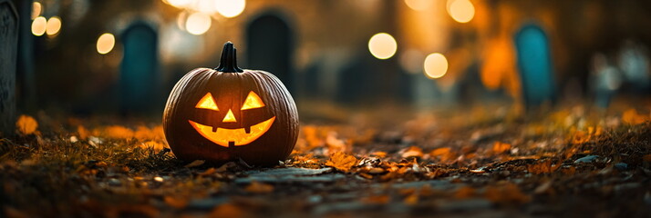 Wall Mural - halloween pumpkin in the graveyard, spooky, luminous, dark