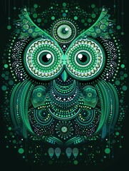 Canvas Print - Abstract green owl with intricate patterns and a dark background.