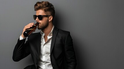 Wall Mural - A man in a suit and sunglasses is drinking a beer