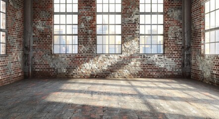 Wall Mural - Brick Room. Abandoned Loft Interior with Industrial Grunge Design and Old Brick Walls