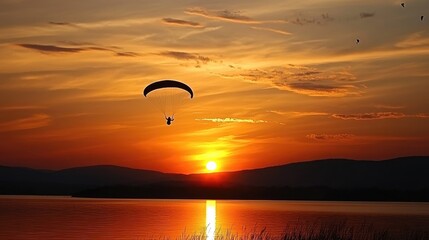 A Parachutist in free fall at the sunset