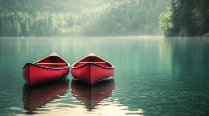 Wall Mural - Two red canoe boats with a picturesque scenery