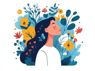 Wall Mural - depicting a personal journey towards mental health care and healing shown in a flat design style  The image conveys themes of wellness therapy counseling and holistic self care approaches