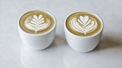 Two Cups of Latte Art Coffee on Marble Table