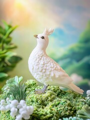 Poster - A white bird with a crest stands on a bed of moss and greenery with a blurred background.