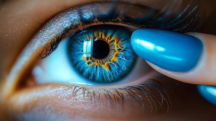 Sticker - Close-up shot of a blue eye with detailed iris and blue fingernails holding the eyelid open