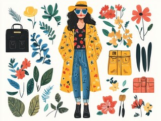 Poster - Fashionable and Seasonal Outfit Presented in a Flat Design Style  Showcasing Stylish Apparel Accessories and Color Palettes for Different Seasons