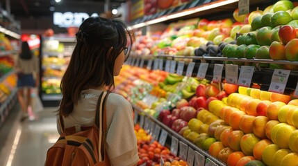 Canvas Print - A woman is shopping for fruit in a grocery store