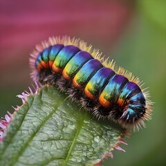 macro rainbow caterpillar on a plant