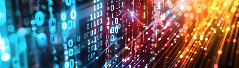 Abstract Technology Background with Binary Code and Light Streaks.