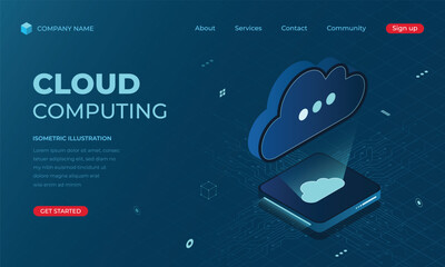 Wall Mural - isometric cloud computing landing page concept. online computing technology. digital technology webs