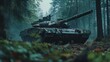 © Piyapat - Military tank positioned in a misty forest, showcasing its rugged design and camouflage against the tranquil wilderness backdrop.