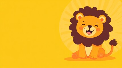 Poster - A cute cartoon lion with a big smile sits against a yellow background with a sunburst.