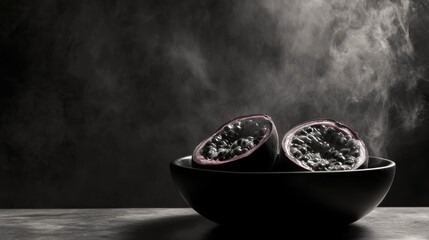 Poster - Close-up of two halved passion fruits in a black bowl with steam rising from them on a dark background.