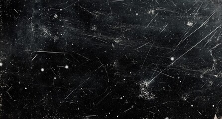 A black surface with a vintage film feel, featuring scratches, dust, and scattered white stars for a grainy look..