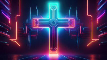 A neon cross in a cyberpunk atmosphere on a dark background exposing the cross. 4K illustration