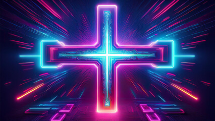 Wall Mural - A neon cross in a cyberpunk atmosphere on a dark background exposing the cross. 4K illustration