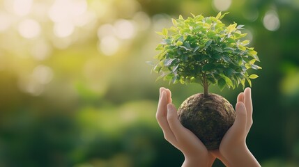 Wall Mural - A person gently holds a small tree with roots in soil, symbolizing care for nature during a sunny day in a lush green setting